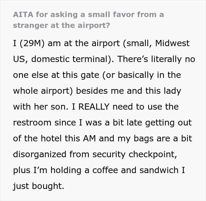 Man Is Puzzled That A Woman Turned Down His Request To Watch His Belongings At The Airport While He Uses The Restroom Man Is Puzzled That A Woman Turned Down His Request To Watch His Belongings At The Airport While He Uses The Restroom
