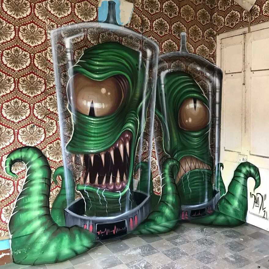 30 Graffiti Of Popular Characters With A Dark Twist Made By This Artist In Abandoned Buildings 30 Graffiti Of Popular Characters With A Dark Twist Made By This Artist In Abandoned Buildings