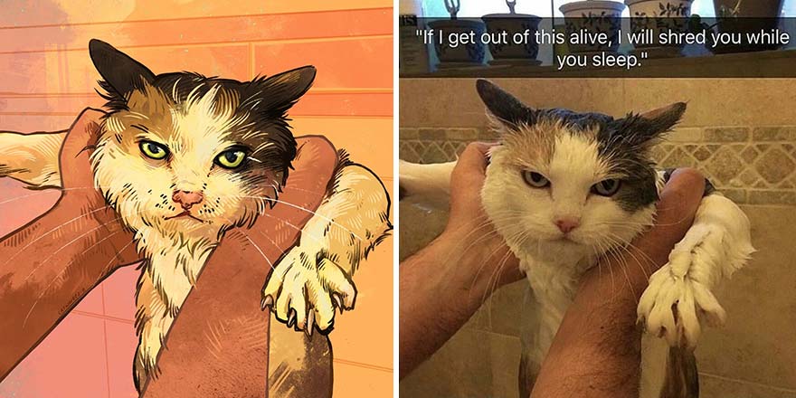 32 Of The Funniest Internet-Famous Cat Pics Get Illustrated By Catwheezie (New Pics)