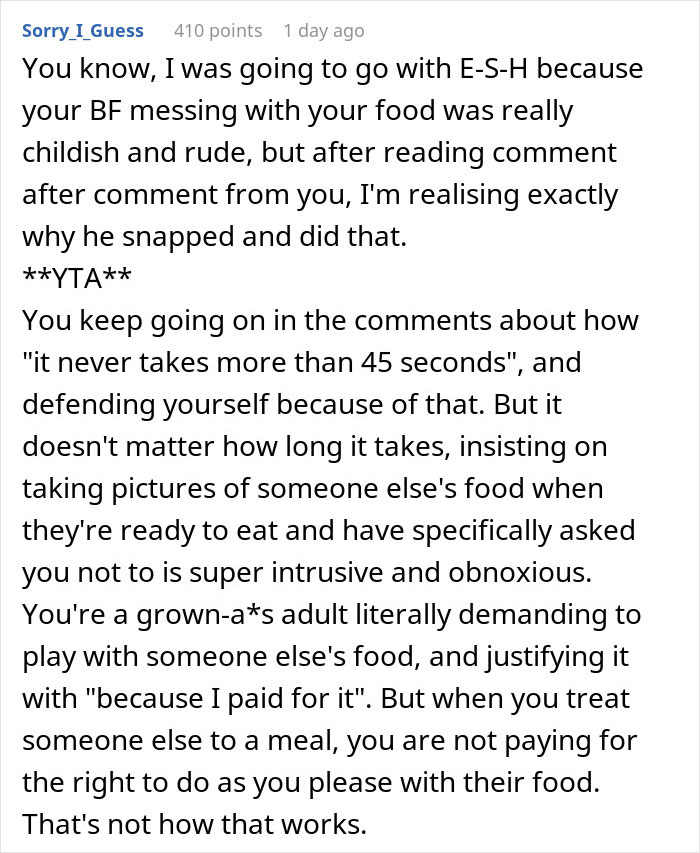 Man Goes Out Of His Way To Ruin Girlfriend’s Food Pictures, So She Makes Him Pay Man Goes Out Of His Way To Ruin Girlfriend’s Food Pictures, So She Makes Him Pay