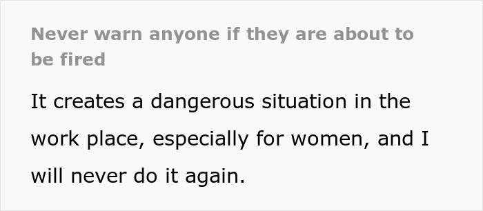 “Lesson Officially Learned”: Employee Shares Why You Should Never Warn Your Coworkers About Them Getting Fired “Lesson Officially Learned”: Employee Shares Why You Should Never Warn Your Coworkers About Them Getting Fired
