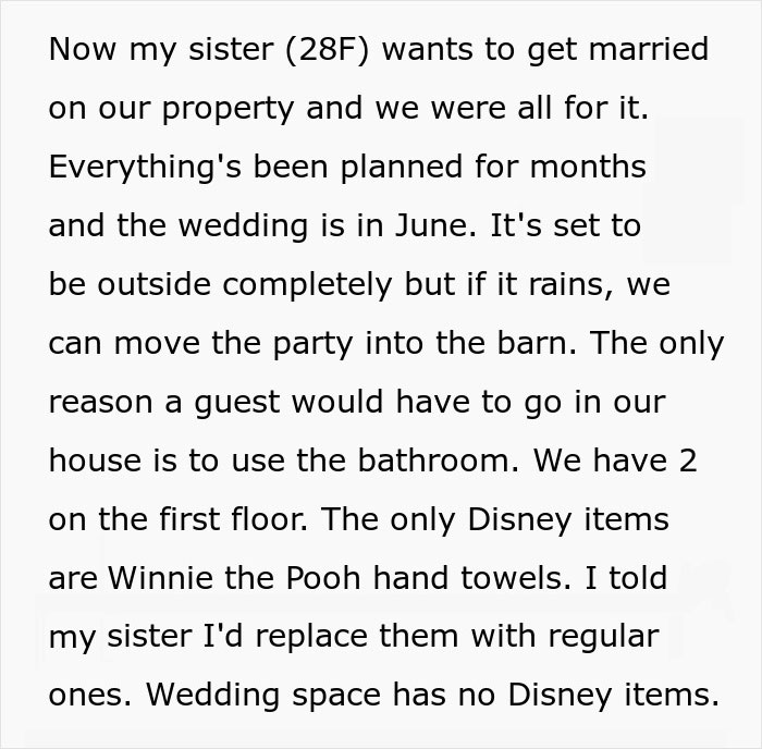 ‘Disney Adult’ Refuses To Meet Sister’s ‘Ridiculous’ Demand For The Wedding She’s Throwing At Her House For Free ‘Disney Adult’ Refuses To Meet Sister’s ‘Ridiculous’ Demand For The Wedding She’s Throwing At Her House For Free