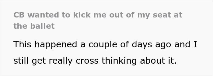 Person Gives Away 1 Ballet Ticket For Free, Karen Shows Up With Her Husband, Demands Someone Give Up Their Seat For Him Person Gives Away 1 Ballet Ticket For Free, Karen Shows Up With Her Husband, Demands Someone Give Up Their Seat For Him