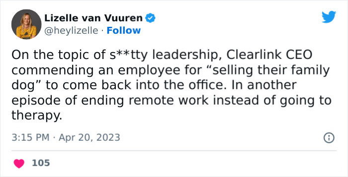 CEO Celebrates Worker Who Sold His Dog To Return To The Office, Sparks Huge Backlash Online CEO Celebrates Worker Who Sold His Dog To Return To The Office, Sparks Huge Backlash Online