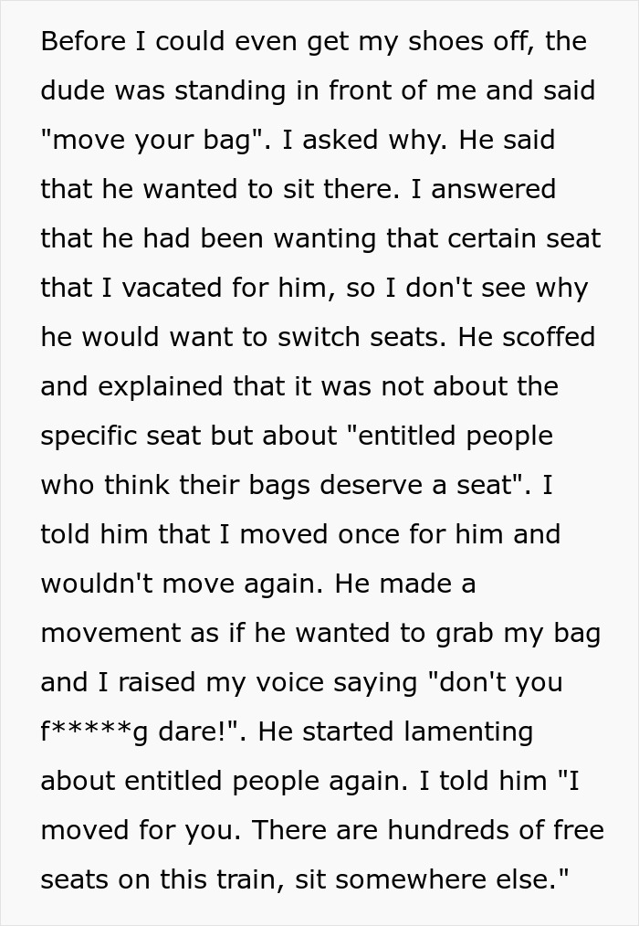 Woman On An Almost Empty Train Gets Labeled A Jerk By A Man For Refusing To Move Her Stuff So He Could Sit Next To Her For The Second Time Woman On An Almost Empty Train Gets Labeled A Jerk By A Man For Refusing To Move Her Stuff So He Could Sit Next To Her For The Second Time