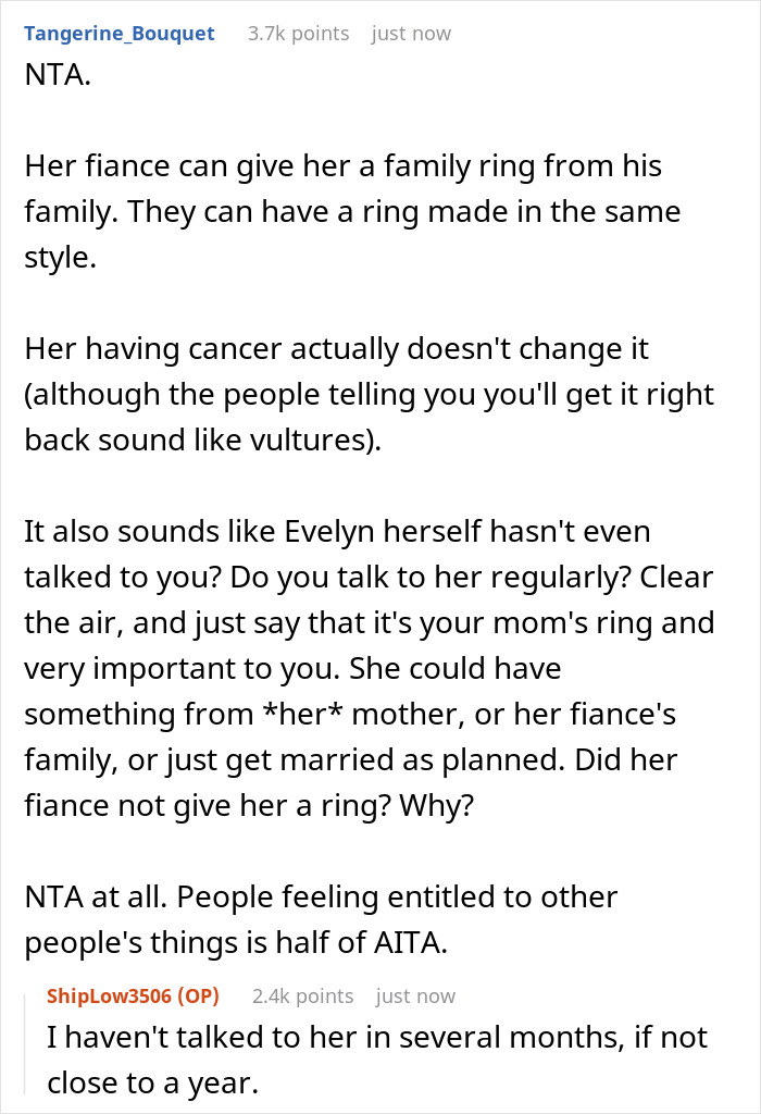 &ldquo;[Am I The Jerk] For Saying My Terminally Ill Stepsister Can&rsquo;t Have My Mom&rsquo;s Engagement Ring&rdquo;