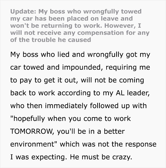 Entitled Boss Gets Placed On Leave After Wrongfully Towing Employee’s Car For Parking In ‘His Spot’ Entitled Boss Gets Placed On Leave After Wrongfully Towing Employee’s Car For Parking In ‘His Spot’