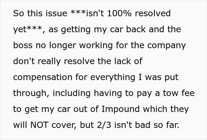 Entitled Boss Gets Placed On Leave After Wrongfully Towing Employee’s Car For Parking In ‘His Spot’ Entitled Boss Gets Placed On Leave After Wrongfully Towing Employee’s Car For Parking In ‘His Spot’