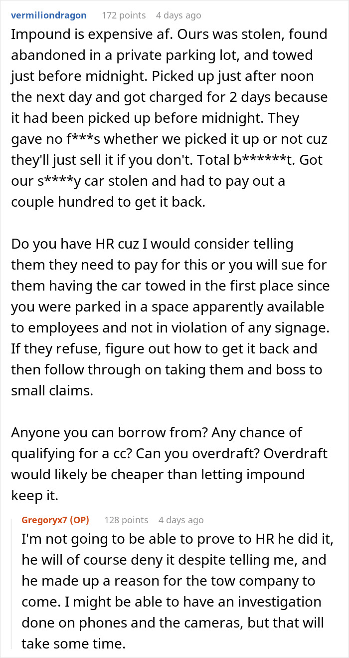 Entitled Boss Gets Placed On Leave After Wrongfully Towing Employee’s Car For Parking In ‘His Spot’ Entitled Boss Gets Placed On Leave After Wrongfully Towing Employee’s Car For Parking In ‘His Spot’