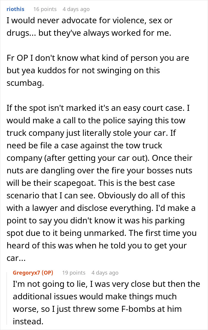 Entitled Boss Gets Placed On Leave After Wrongfully Towing Employee’s Car For Parking In ‘His Spot’ Entitled Boss Gets Placed On Leave After Wrongfully Towing Employee’s Car For Parking In ‘His Spot’