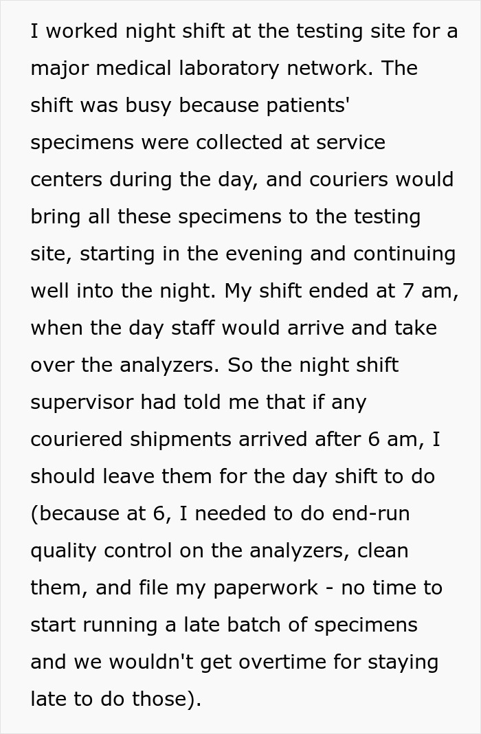 &#8220;And Then, At Exactly 7AM, He Quietly Went Home&#8221;: Lab Employee Maliciously Complies With The Shift Manager As She Orders Him To Keep Working After Hours