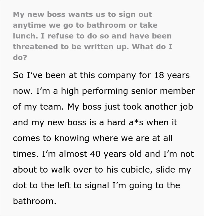 New Boss Risks Losing A High-Performing Employee With His Ridiculous Bathroom Rule New Boss Risks Losing A High-Performing Employee With His Ridiculous Bathroom Rule