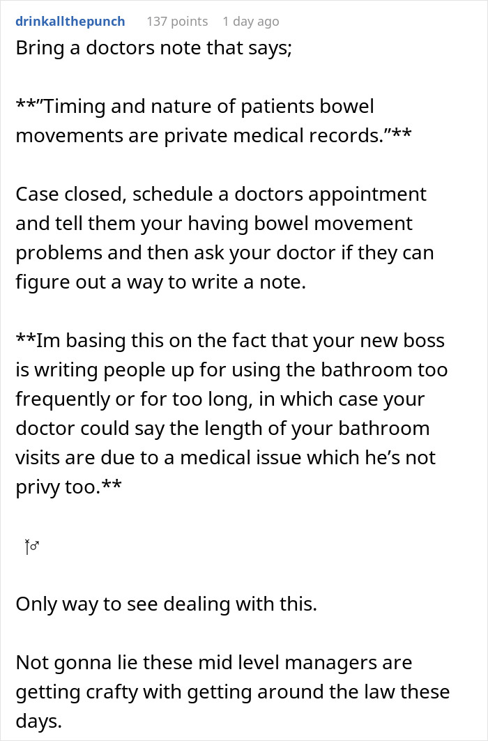 New Boss Risks Losing A High-Performing Employee With His Ridiculous Bathroom Rule New Boss Risks Losing A High-Performing Employee With His Ridiculous Bathroom Rule