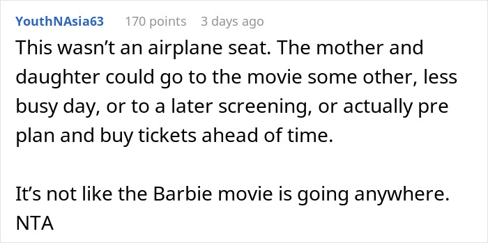 Mom Feels Entitled To Guy’s Seats So She Can Watch ‘Barbie’ With Her Daughter, He Refuses To Move Mom Feels Entitled To Guy’s Seats So She Can Watch ‘Barbie’ With Her Daughter, He Refuses To Move