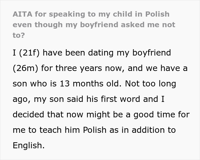 Woman Ignores BF’s Request And Carries On Speaking To Their Kid In Polish, Asks If She’s A Jerk Woman Ignores BF’s Request And Carries On Speaking To Their Kid In Polish, Asks If She’s A Jerk