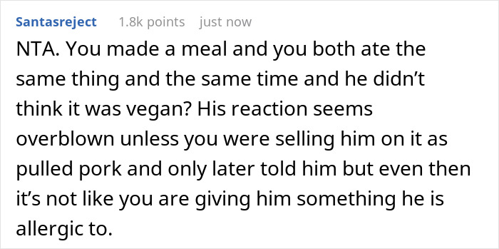Husband Gets The Silent Treatment After Partner Finds Out The Dinner He Ate Was Vegan