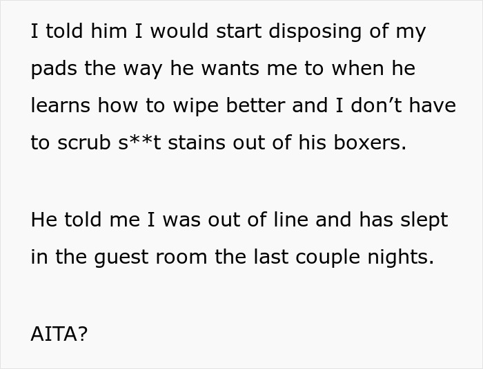 Man Judges Bloody Pads, Not Realizing They Are Due To Giving Birth, Wife Tells Him To Wipe Better Man Judges Bloody Pads, Not Realizing They Are Due To Giving Birth, Wife Tells Him To Wipe Better