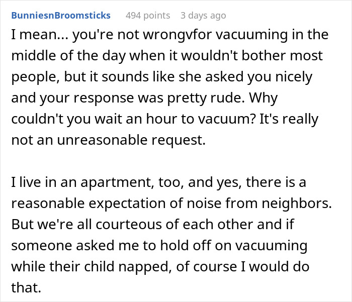 Neighbors Ask Woman To Stop Vacuuming At Noon, She Refuses And Turns To The Internet For Advice