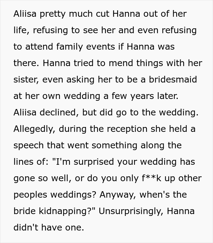 Bride’s Sister Gets The Bride ‘Kidnapped’ And Ruins The Wedding As Well As Their Relationship Bride’s Sister Gets The Bride ‘Kidnapped’ And Ruins The Wedding As Well As Their Relationship