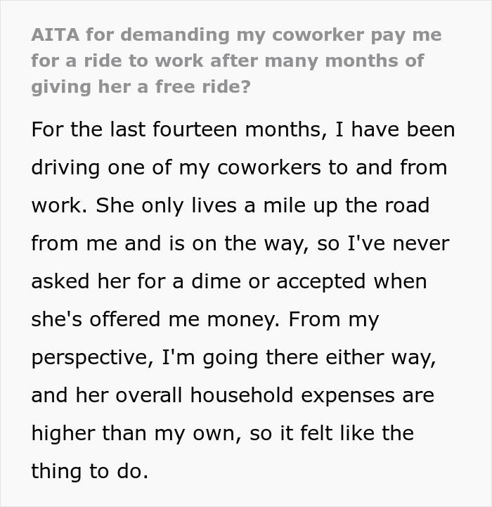 Woman Loses A Free Ride To Work After 14 Months By Asking Coworker To Pay For Their Lift Instead Of Returning The Favor Woman Loses A Free Ride To Work After 14 Months By Asking Coworker To Pay For Their Lift Instead Of Returning The Favor