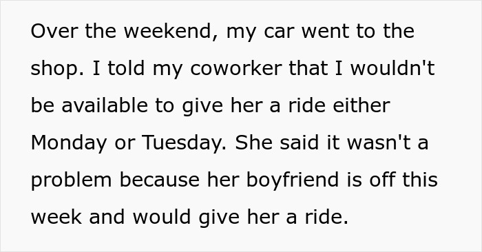 Woman Loses A Free Ride To Work After 14 Months By Asking Coworker To Pay For Their Lift Instead Of Returning The Favor Woman Loses A Free Ride To Work After 14 Months By Asking Coworker To Pay For Their Lift Instead Of Returning The Favor