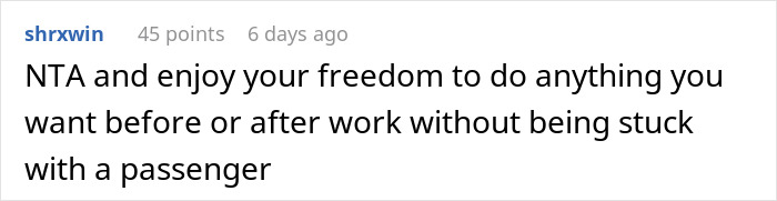 Woman Loses A Free Ride To Work After 14 Months By Asking Coworker To Pay For Their Lift Instead Of Returning The Favor Woman Loses A Free Ride To Work After 14 Months By Asking Coworker To Pay For Their Lift Instead Of Returning The Favor