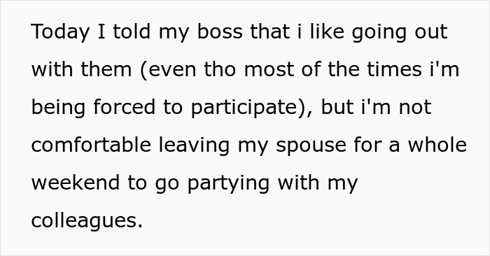 “This Isn’t A Business Trip – It’s A Vacation”: Drama Ensues After Employee Refuses To Spend The Weekend With Her Coworkers “This Isn’t A Business Trip – It’s A Vacation”: Drama Ensues After Employee Refuses To Spend The Weekend With Her Coworkers