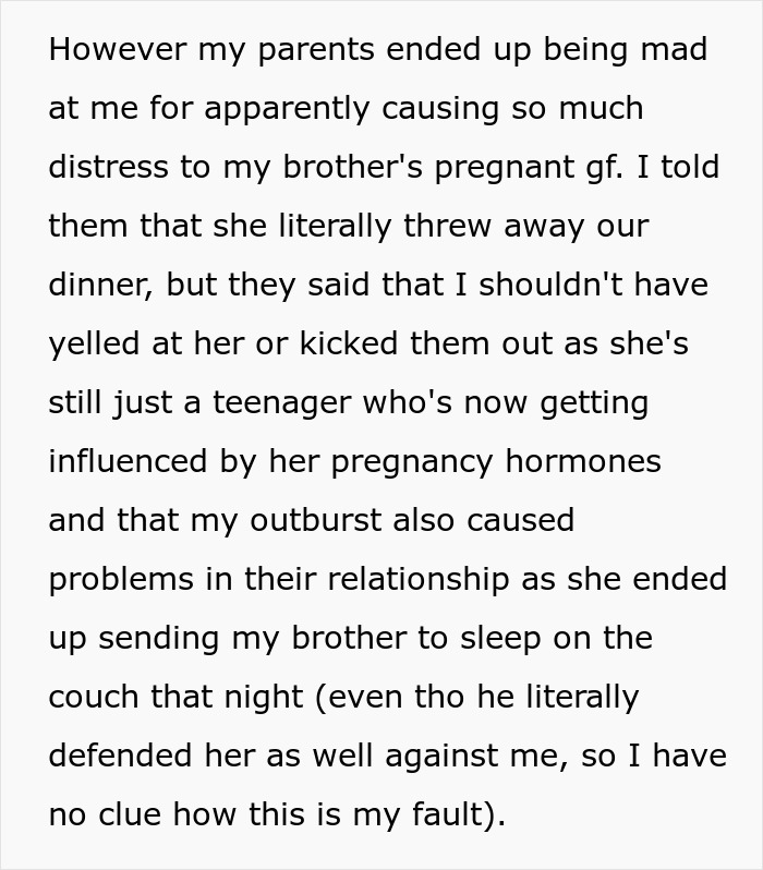 “[Am I The Jerk] For Yelling At My Brother&rsquo;s Pregnant Girlfriend And Kicking Them Both Out Of My House After She Threw Away My Food?”