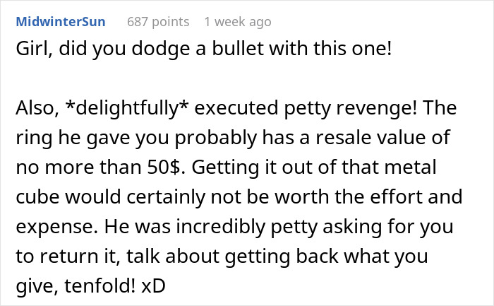 Man Cheats On Fiancé With An Ex, Demands She Return His $190 Engagement Ring, So She Does, Infuriating Him Endlessly Man Cheats On Fiancé With An Ex, Demands She Return His $190 Engagement Ring, So She Does, Infuriating Him Endlessly