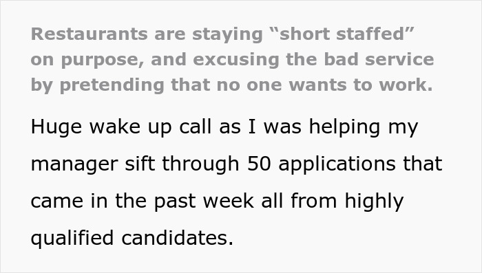 Employee Shares The Truth About Restaurants Being ‘Short-Staffed’ Due To Lack Of Hiring, Not Because ‘No One Wants To Work’ Employee Shares The Truth About Restaurants Being ‘Short-Staffed’ Due To Lack Of Hiring, Not Because ‘No One Wants To Work’