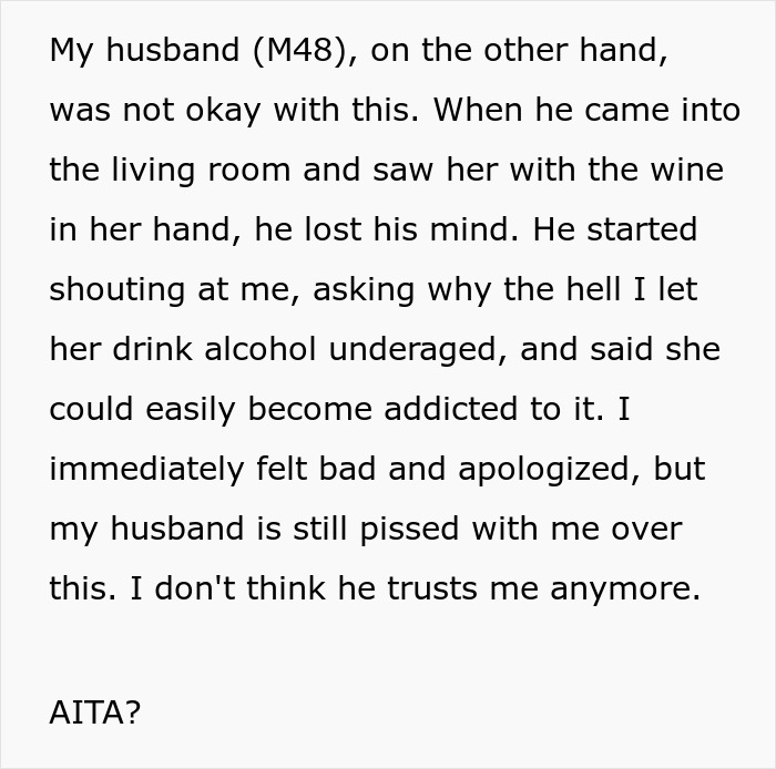 Wife Apologizes To Husband For Giving Wine To Their Teen Daughter But He Cannot Let Go Of It Wife Apologizes To Husband For Giving Wine To Their Teen Daughter But He Cannot Let Go Of It