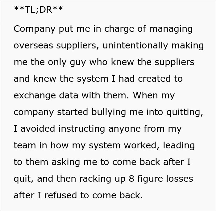 Employee Realizes He’s Being Bullied Into Quitting, Company Ends Up Racking Up 8 Figures In Losses Employee Realizes He’s Being Bullied Into Quitting, Company Ends Up Racking Up 8 Figures In Losses
