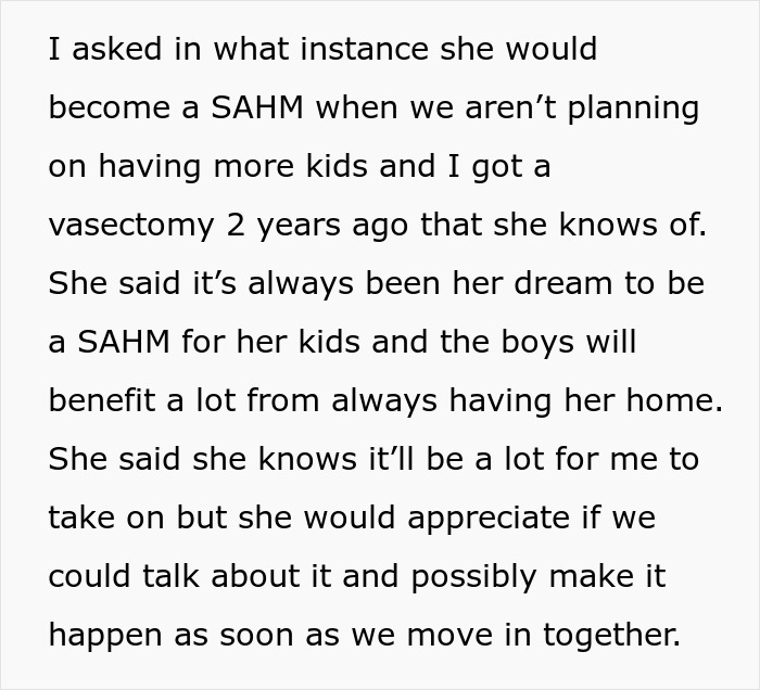 “Am I The Jerk For Not Allowing My Girlfriend To Be A Stay-At-Home Mom To Her Kids?” “Am I The Jerk For Not Allowing My Girlfriend To Be A Stay-At-Home Mom To Her Kids?”