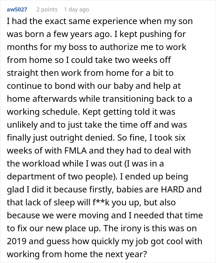 Boss Regrets Not Giving New Dad 1 Week Off After He Says He’ll Be Taking 12