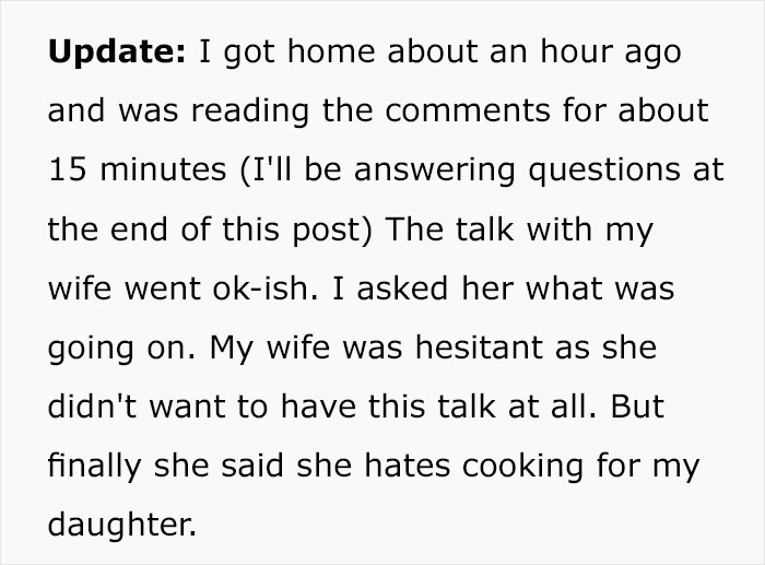 Man Discovers Wife Purposefully Cooks Meals Daughter Won’t Eat, Decides On Divorce Man Discovers Wife Purposefully Cooks Meals Daughter Won’t Eat, Decides On Divorce