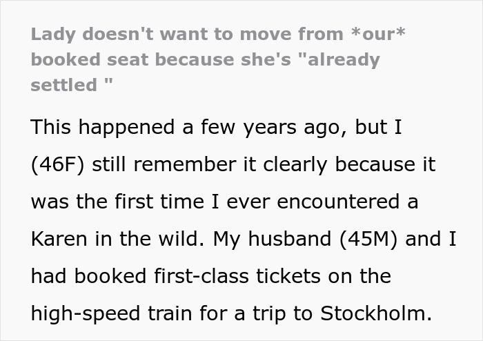 Spouses Upset Seeing A Random Karen In Their Booked 1st Class Train Seats And Refusing To Move Spouses Upset Seeing A Random Karen In Their Booked 1st Class Train Seats And Refusing To Move