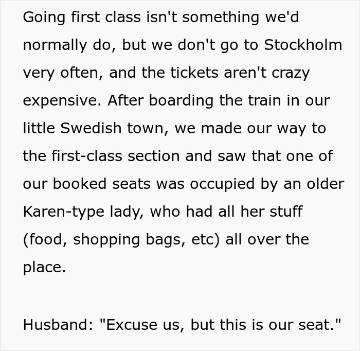 Spouses Upset Seeing A Random Karen In Their Booked 1st Class Train Seats And Refusing To Move Spouses Upset Seeing A Random Karen In Their Booked 1st Class Train Seats And Refusing To Move