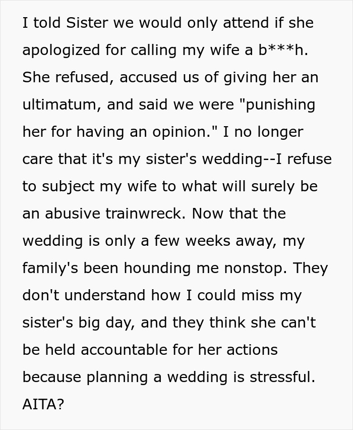 &ldquo;I [Won’t] Subject My Wife To This Abusive Trainwreck&rdquo;: Man Skips Sister&rsquo;s Wedding, Citing Her Rage