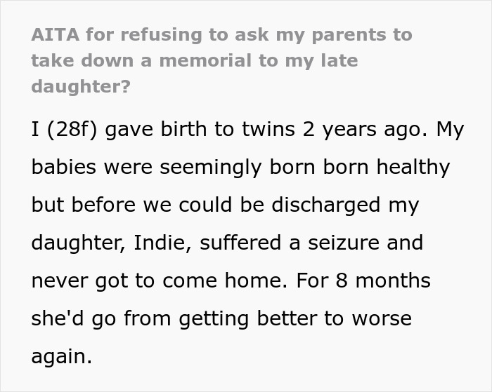 &#8220;[Am I The Jerk] For Refusing To Ask My Parents To Take Down A Memorial To My Late Daughter?&#8221;