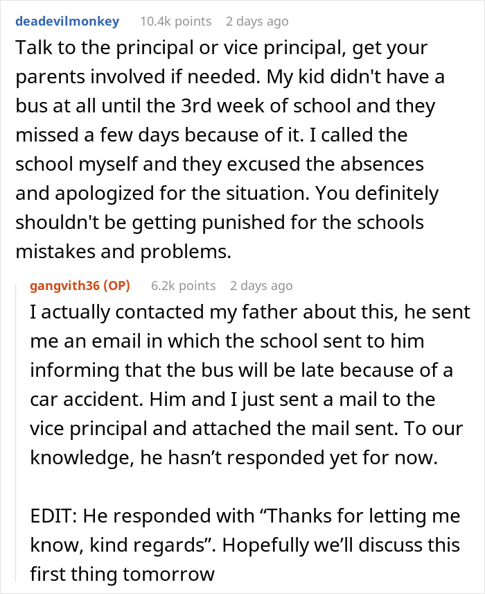 Student Mad Over 5 Days Of Detention After Their School Bus Is Late And They “Fail” To Report It Student Mad Over 5 Days Of Detention After Their School Bus Is Late And They “Fail” To Report It