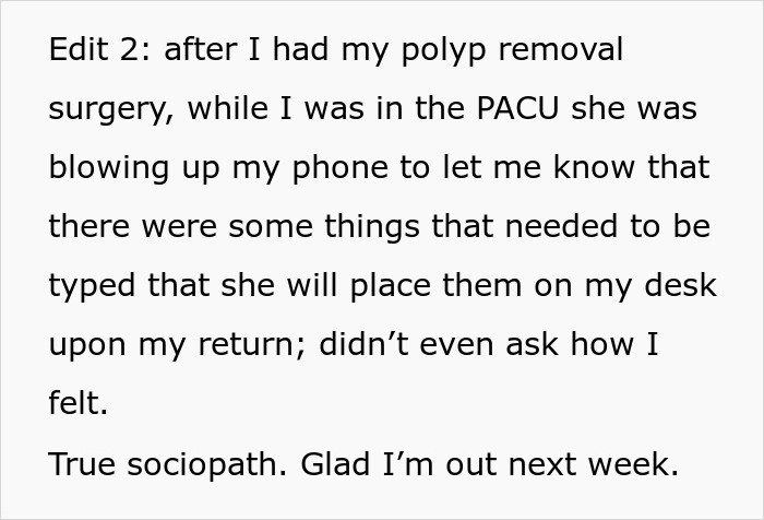 Employee Is Told To Reschedule Her Surgery Because Another Worker Will Be On Vacation That Day Employee Is Told To Reschedule Her Surgery Because Another Worker Will Be On Vacation That Day