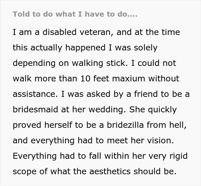 Bridezilla Hides Veteran’s Cane That Doesn’t Fit Her Wedding Aesthetic, Regrets It Immediately Bridezilla Hides Veteran’s Cane That Doesn’t Fit Her Wedding Aesthetic, Regrets It Immediately