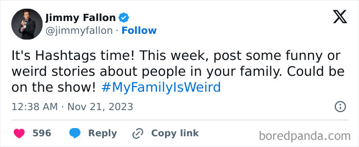 Jimmy Fallon Asks For Epic #MyFamilyIsWeird Stories, 30 Online Users Deliver Jimmy Fallon Asks For Epic #MyFamilyIsWeird Stories, 30 Online Users Deliver