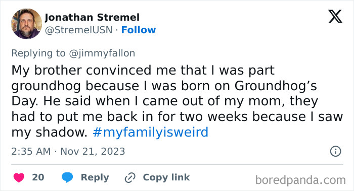 Jimmy Fallon Asks For Epic #MyFamilyIsWeird Stories, 30 Online Users Deliver Jimmy Fallon Asks For Epic #MyFamilyIsWeird Stories, 30 Online Users Deliver