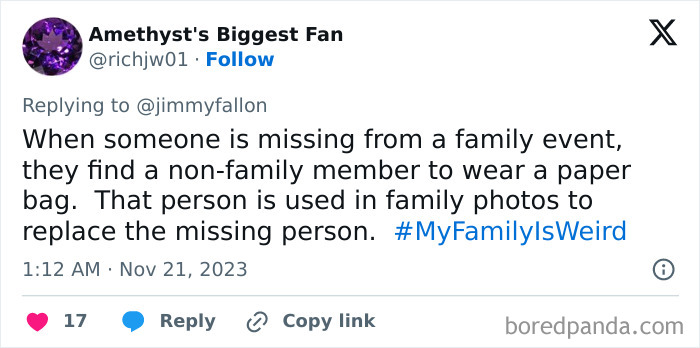 Jimmy Fallon Asks For Epic #MyFamilyIsWeird Stories, 30 Online Users Deliver Jimmy Fallon Asks For Epic #MyFamilyIsWeird Stories, 30 Online Users Deliver