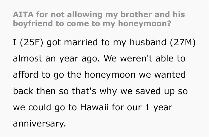 Woman Doesn’t Want Her Brother Joining Her On Honeymoon, Considers Giving Wrong Address Woman Doesn’t Want Her Brother Joining Her On Honeymoon, Considers Giving Wrong Address