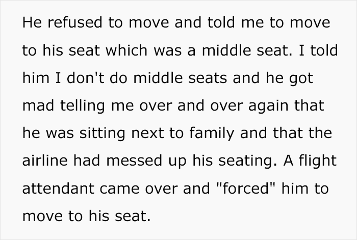 Woman Refuses To Switch Seats With A Man So He Can Sit With Family, Flight Attendant Intervenes Woman Refuses To Switch Seats With A Man So He Can Sit With Family, Flight Attendant Intervenes