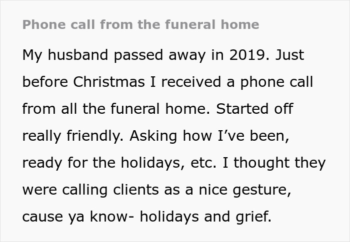 Woman Shares A Mildly Infuriating Story About A Call From Funeral Home Where She Buried Her Husband
