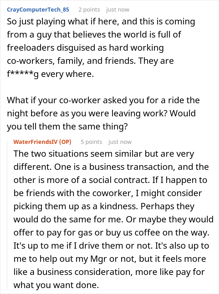 Employee Expected To Give Colleague Regular 40-Mile Rides To Work For Free, Flatly Refuses Employee Expected To Give Colleague Regular 40-Mile Rides To Work For Free, Flatly Refuses