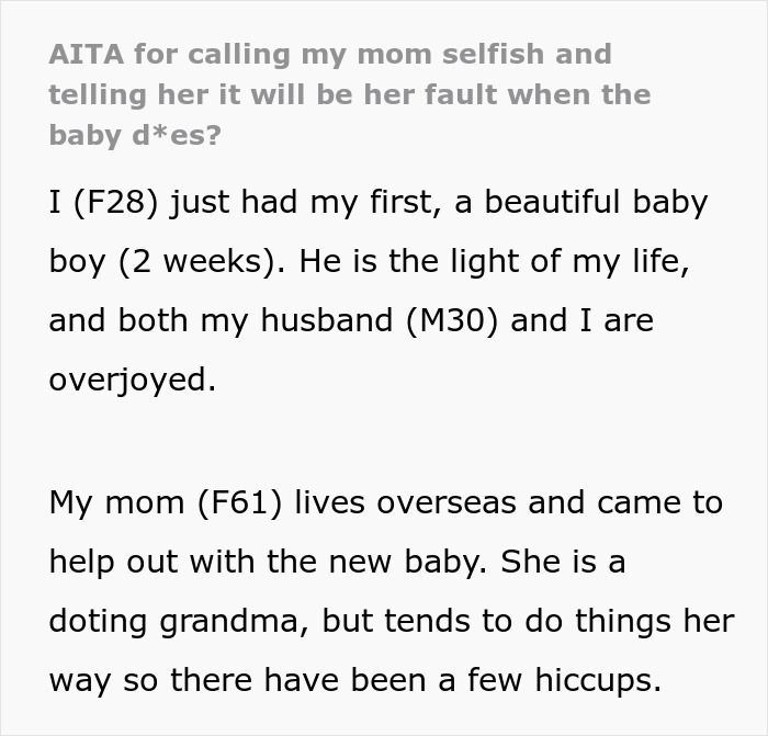 &ldquo;AITA For Calling My Mom Selfish And Telling Her It Will Be Her Fault When The Baby&rsquo;s [Life Ends]?&rdquo;